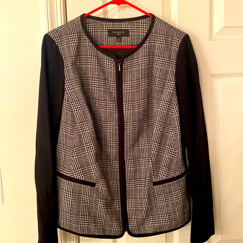 Talbots Cotton Knit Zip front Black Glen Plaid Jacket